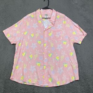 Disney Button Down Mens L Pink The Little Mermaid Flounder Camp Shirt Rayon NEW